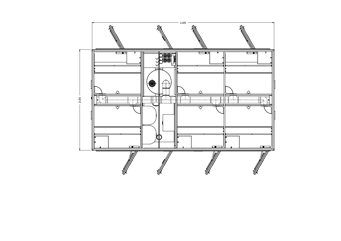 Badmodul med 6 baderum - teknisk tegning.